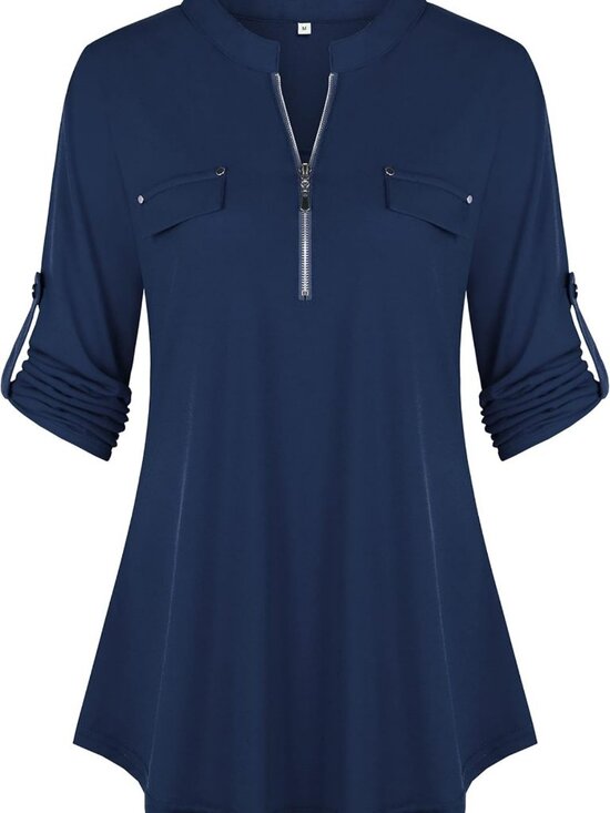 Tops - Floral Plaid Tunic Blouse Top for Women - Casual 3/4 Sleeve Zip Shirt